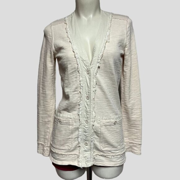 Eddie Bauer Oatmeal Ruffle & Raw Edging Button Down Cardigan Top - Picture 1 of 11